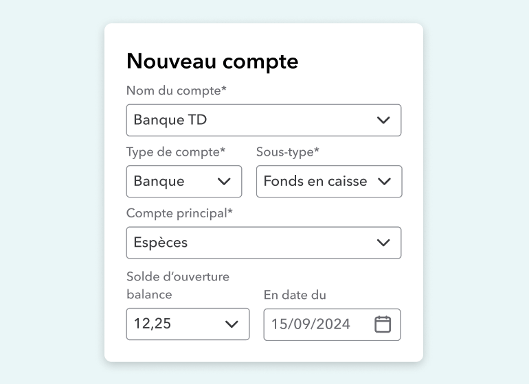 Le nouveau formulaire de soumission de compte, avec le nom du compte, le type, le détail, le compte principal, le solde d’ouverture et la date.