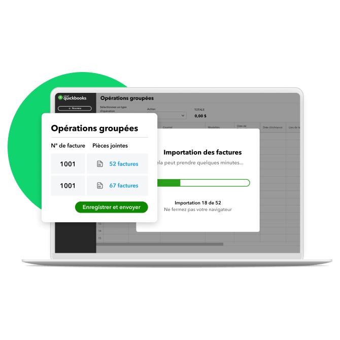 Un portable montre une notification d’importation de factures dans QuickBooks en ligne. Une barre de progression indique que la facture 18 sur 52 est téléversée. 