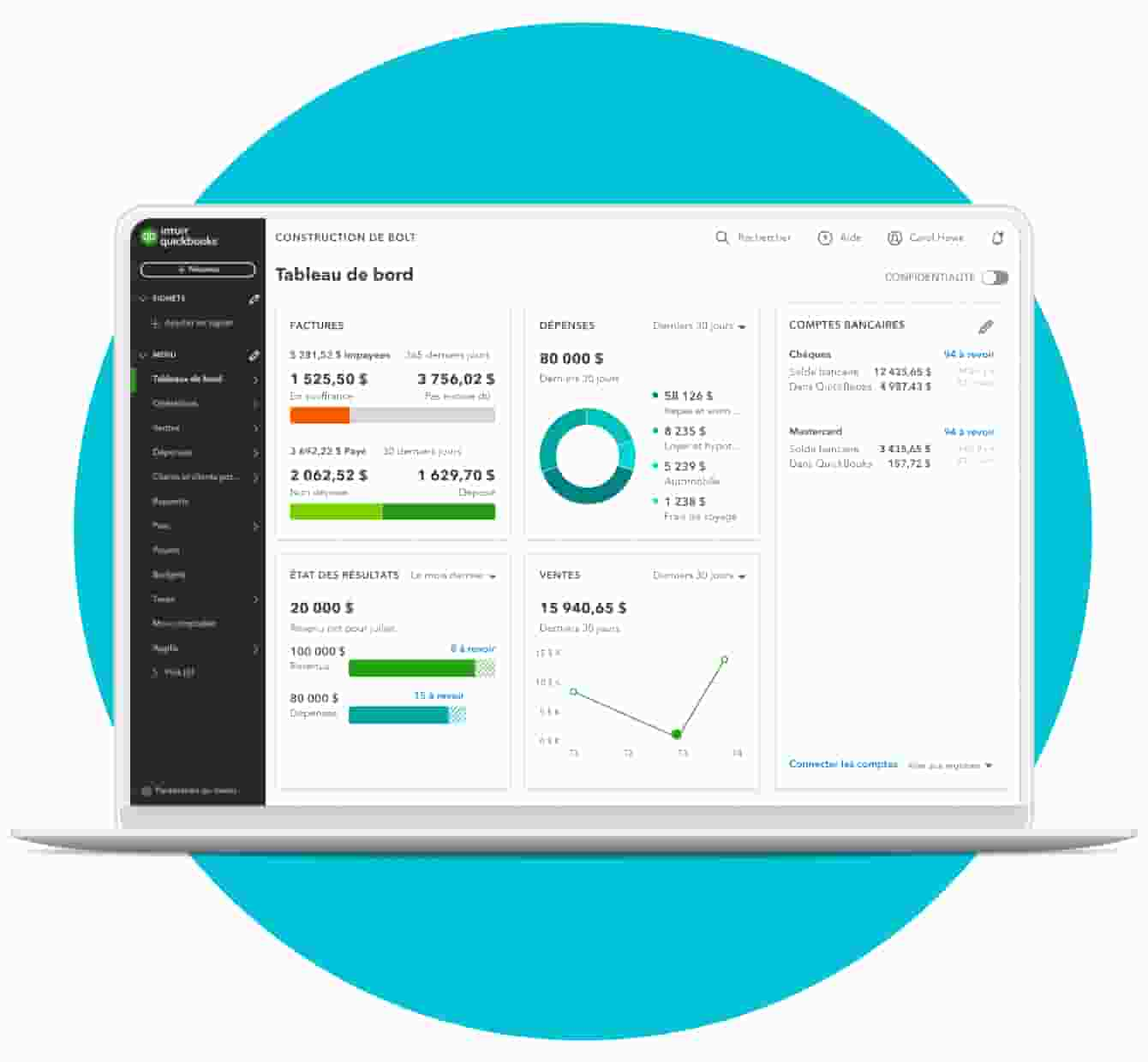 Un ordinateur portable présente le tableau de bord de QuickBooks en ligne pour les entreprises.