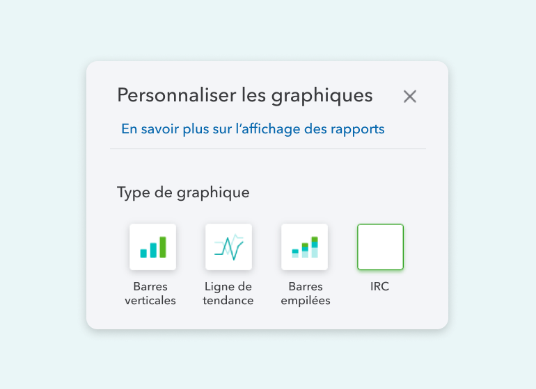 Les options de personnalisation du graphique dans QuickBooks, montrant le choix entre barre verticale, barre de tendance, barre empilée et IRC.