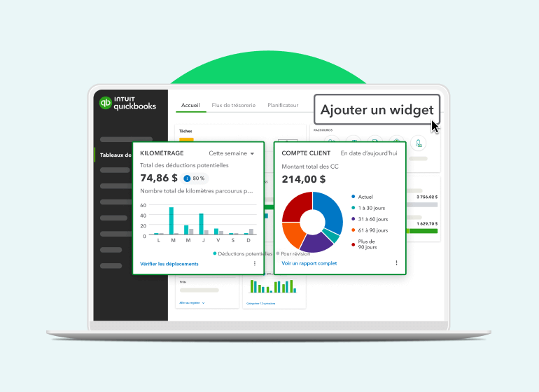 Un tableau de bord QuickBooks en ligne comportant deux cartes superposées, l’une pour le kilométrage et l’autre pour les comptes clients.