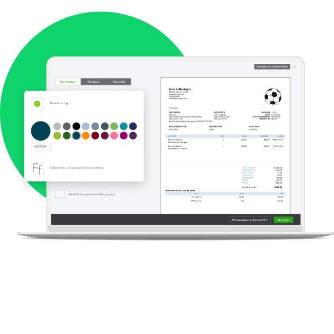 Capture d’écran des factures personnalisables sur QuickBooks en ligne.