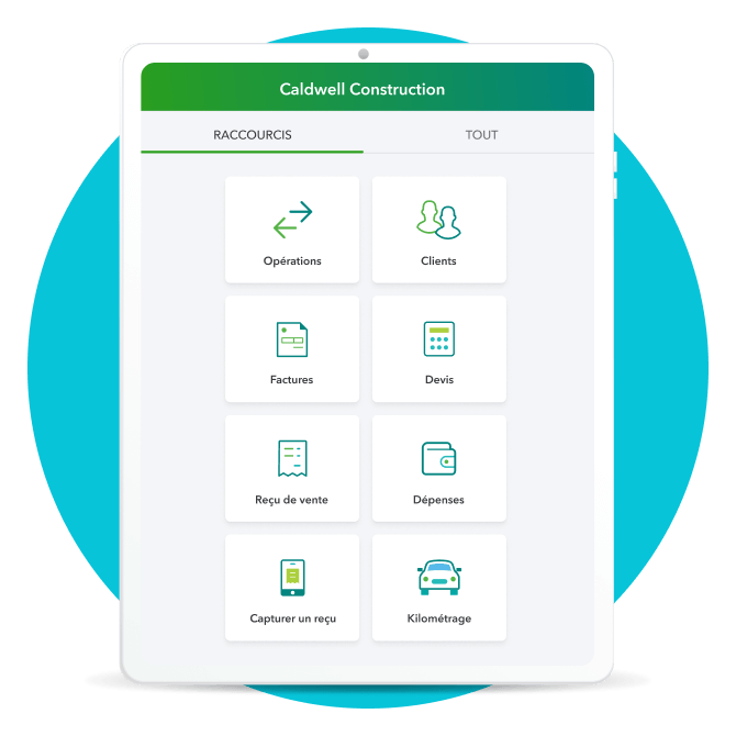 Une tablette affiche les icônes des raccourcis de QuickBooks en ligne comme opérations, clients, factures, devis, dépenses, etc.