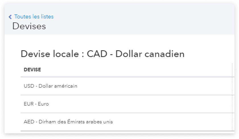 Écran des devises de QuickBooks en ligne comparant les valeurs en dollars canadiens, en dollars américains, en dirhams des Émirats arabes unis et en pesos mexicains.