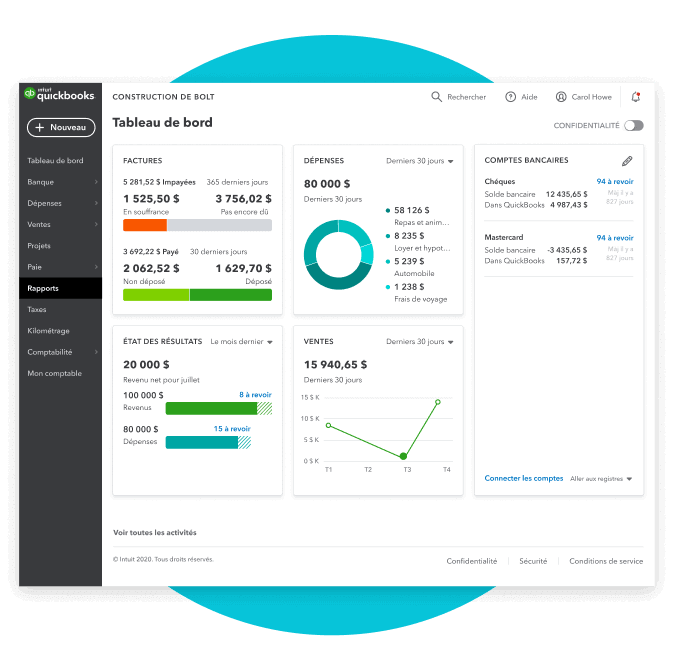 Tableau de bord de QuickBooks en ligne