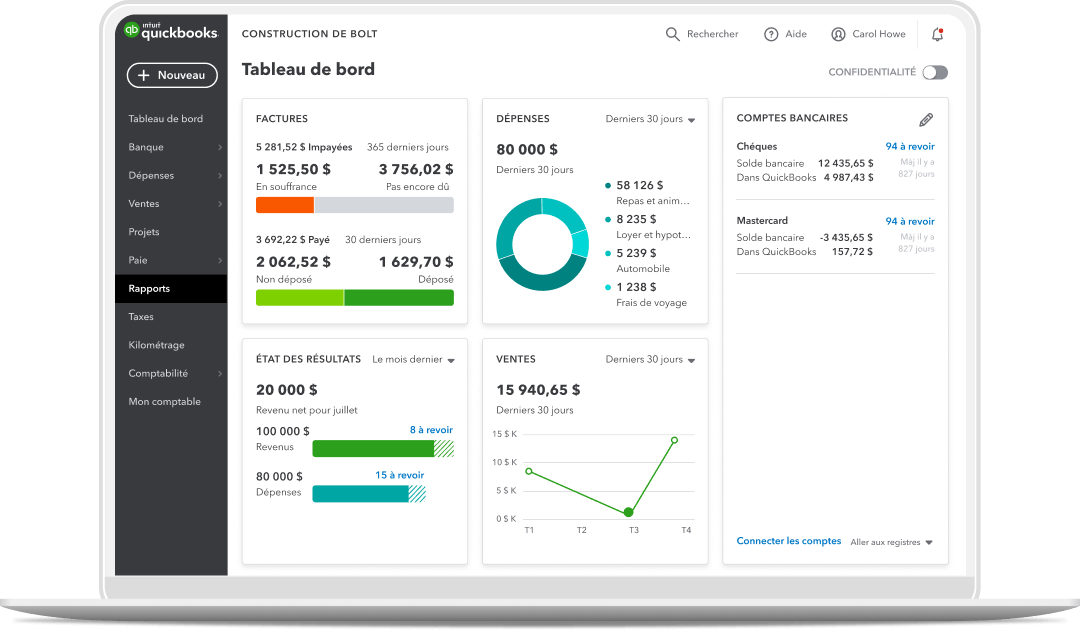 Un tableau de bord QuickBooks montrant des cartes pour le flux de trésorerie, les dépenses, l’état des résultats, les factures, les ventes et les comptes bancaires.