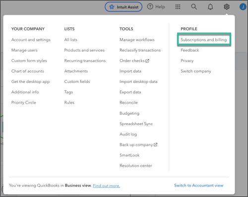 Highlight of the Subscriptions and billing option in the Settings menu of QuickBooks Online.