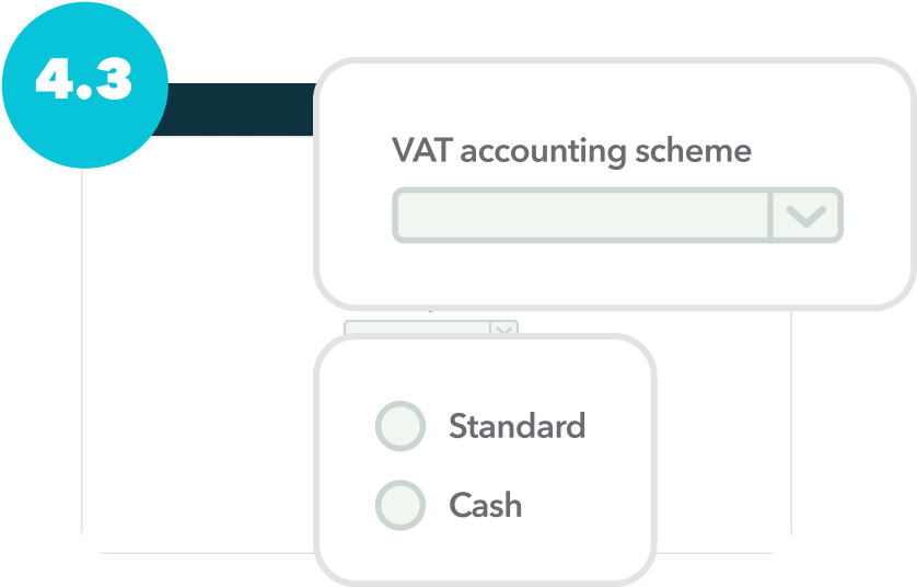 Choose the appropriate VAT accounting scheme (usually Standard Accrual or Standard Cash schemes)