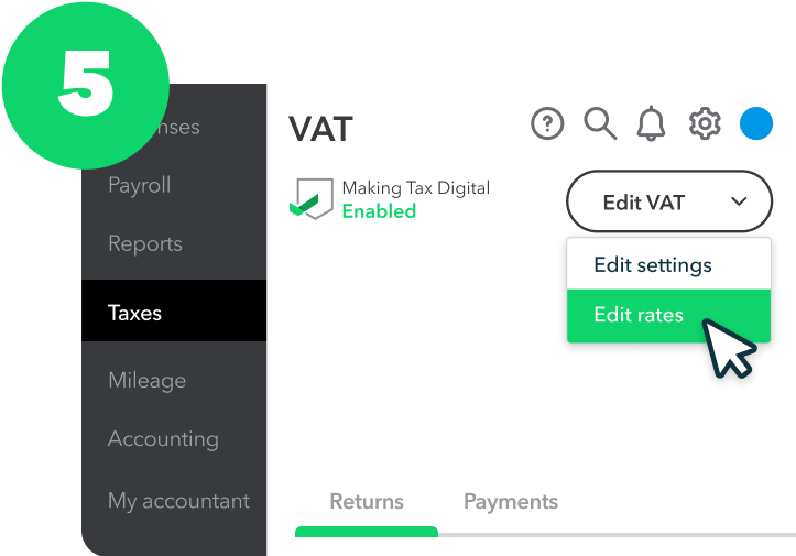 To view your VAT codes simply choose Taxes on the left-hand menu. Then select on the Edit VAT dropdown list, followed by Edit rates.